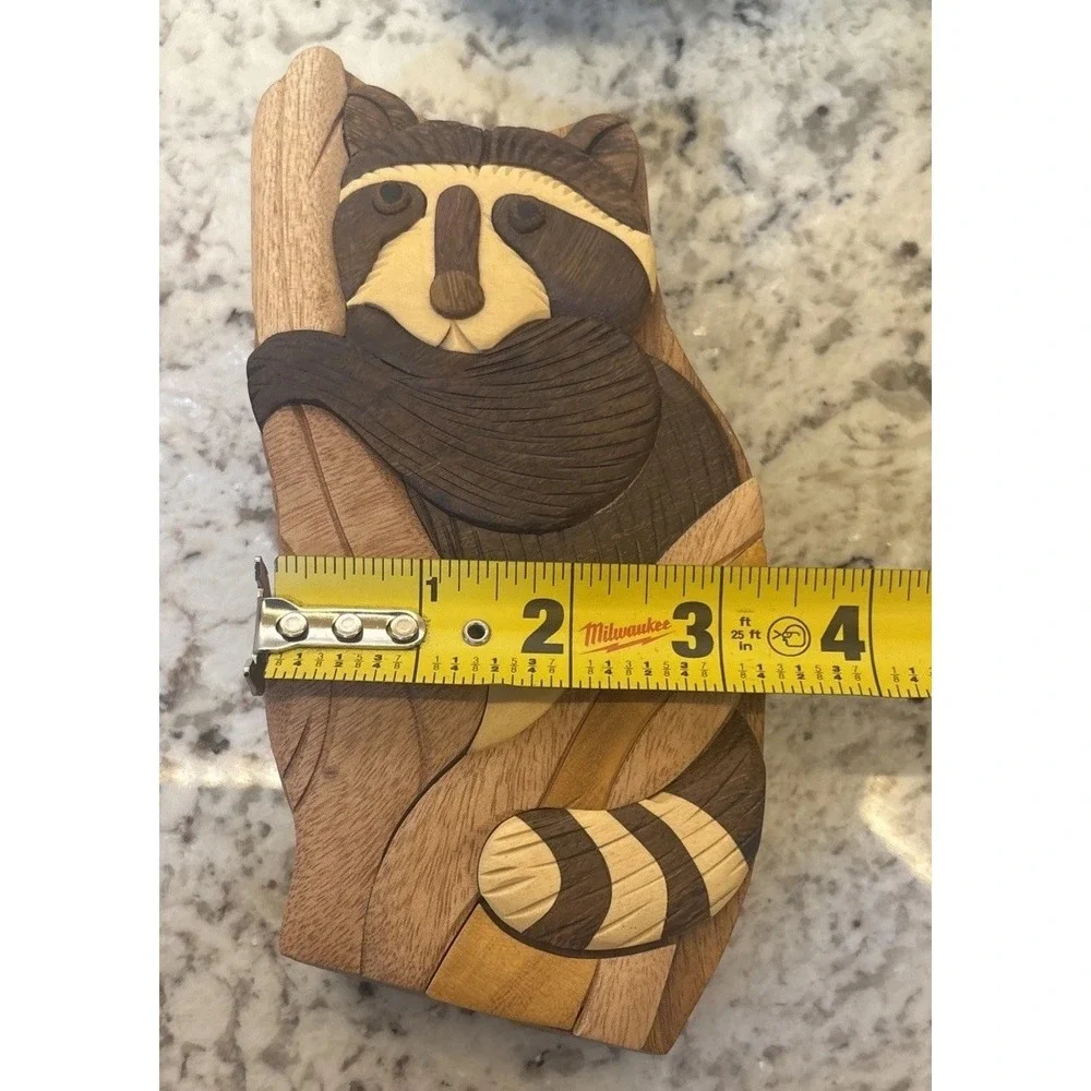 Hand crafted 3D Intarsia Wood Art RACCOON Puzzle Wooden Box Wild‎ Animal